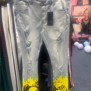 Men's Light Blue Jeans with Yellow Flame Design
